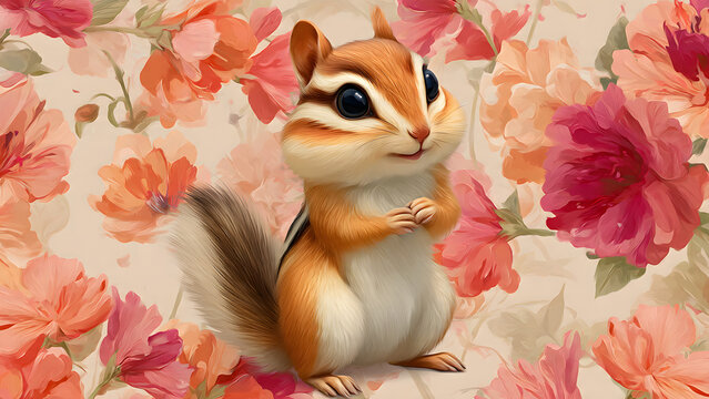 A cute chipmunk sits among a backdrop of vibrant floral patterns, showcasing its adorable features and bushy tail.