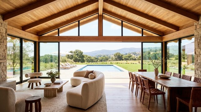 Luxury Organic Modern Great Room with Cathedral Timber Ceiling and Floor to Ceiling Glass