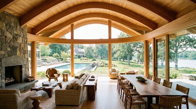 Luxury Organic Modern Great Room with Arched Timber Ceiling and Panoramic Glass Walls