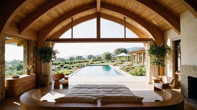 Luxury Organic Modern Bedroom with Arched Timber Ceiling and Infinity Pool View