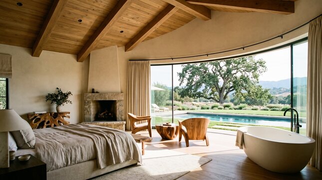 Luxury Organic Modern Bedroom with Freestanding Soaking Tub and Curved Glass Wall