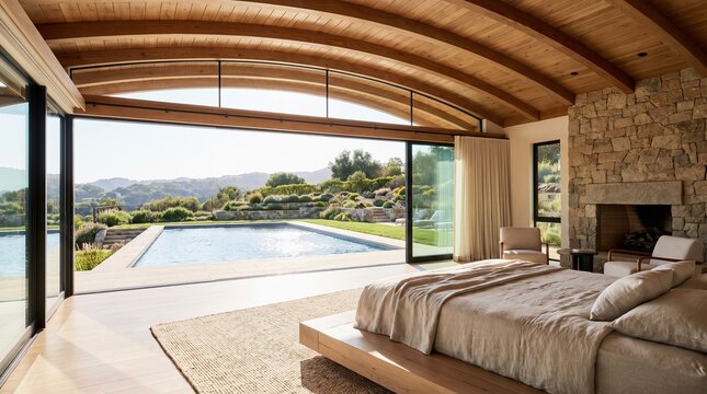 Luxury Organic Modern Bedroom with Barrel Vaulted Wood Ceiling, Stone Fireplace and Pool View