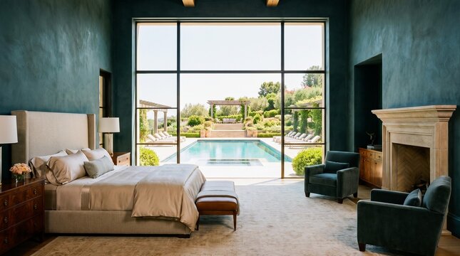 Luxury Contemporary Bedroom with Dark Teal Venetian Plaster Walls and Resort Pool View