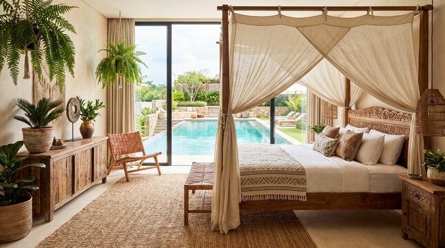 Luxury Organic Modern Bedroom with Canopy Bed and Pool View Retreat