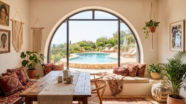 Mediterranean Boho Dining Nook with Arched Window Overlooking Luxury Pool and Garden