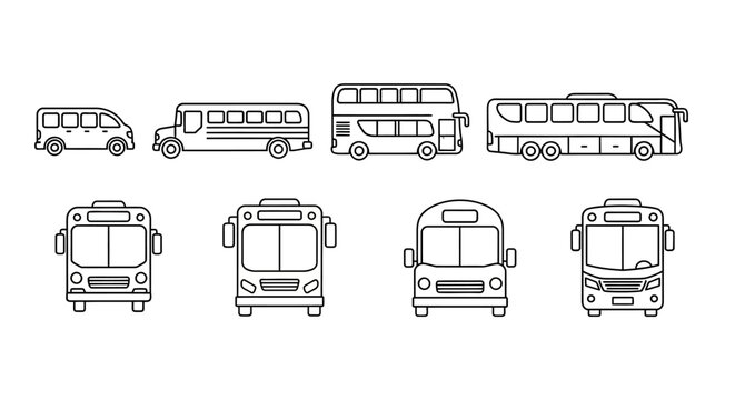 A comprehensive collection of bus and public transport vehicle icons featuring various side and front profile views in a minimalist clean line art style