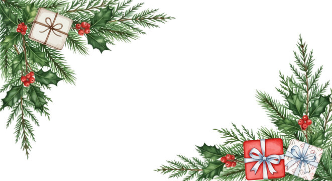 Watercolor Christmas corner border with pine branches, holly, berries and gift boxes on white background