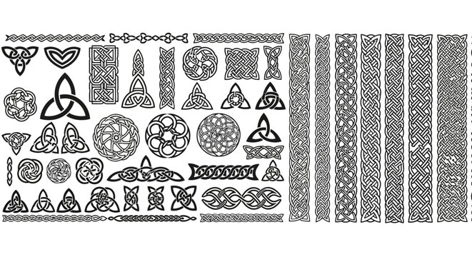 A comprehensive collection of intricate Celtic knot patterns, traditional ornamental borders, and decorative ethnic designs for graphic art projects and creative embellishment