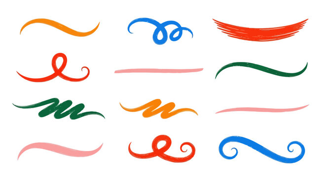 Hand drawn colorful swoosh and underline set, 12 decorative vector brush strokes, vibrant marker swashes and calligraphic flourishes for highlighting text