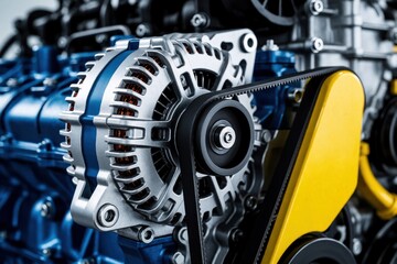 Fototapeta premium Close up of car engine alternator with drive belt. Automotive machinery part, mechanical system components for industry, engineering and vehicle repair. Motor power generation.