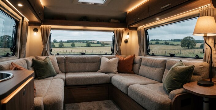 Interior view of modern caravan lounge area with large U-shaped sofa and ambient lighting. Windows show green countryside fields and trees. Comfortable seating inside motorhome.