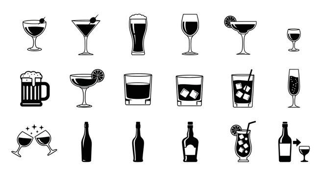Alcoholic beverage icons set, 18 black and white cocktail and drink vector symbols, bar menu glassware and liquor bottle illustrations