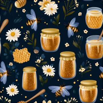Seamless pattern of honey jars and bees on dark background