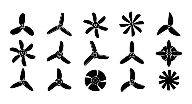 Industrial propeller icon set, 15 black vector airplane and boat fan blade silhouettes, nautical and aviation engine turbine symbols