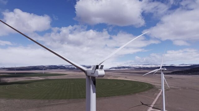 Aerial View of a Wind Farm Amid Farmland on the Rural Plains of Bridger, Montana