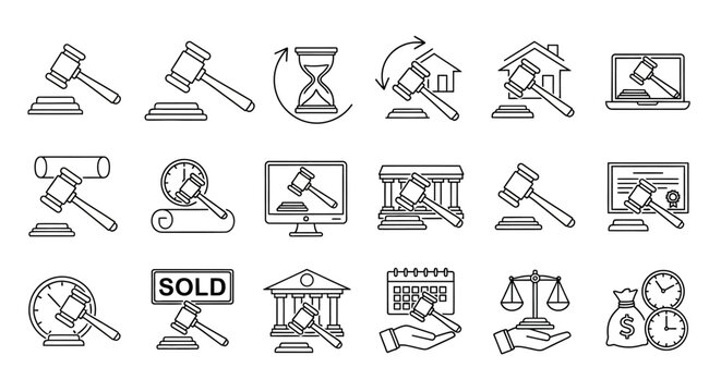 Legal auction line icons set, 18 judicial gavel and courthouse symbols, professional law and justice vector elements for bidding and litigation
