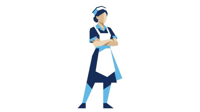 Cleaning - Confident Female Maid in Navy Blue Uniform with White Apron Standing Arms Crossed Flat Vector Illustration