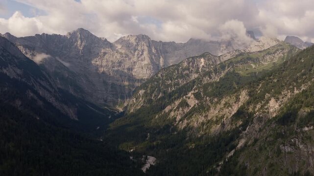 Dramatic aerial view of the Karwendel Alps with rugged limestone peaks near Eng Alm, Tyrol, Austria
