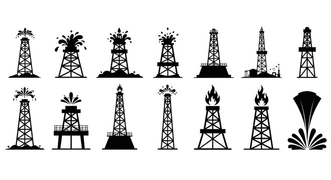 Set of black silhouette oil rig and derrick icons representing petroleum extraction and industry