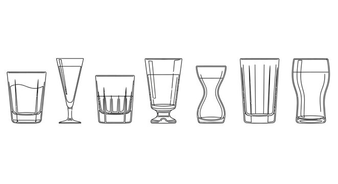 Minimalist black and white line art illustration set featuring various glassware types including cocktail wine and beer glasses for beverage service