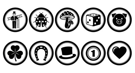 Good luck charms black and white icon set featuring lucky clover horseshoe pig ladybug dice chimney sweep top hat coin and heart © charli