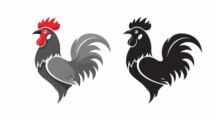 Vector illustrations of rooster icons in gray with red comb and solid black silhouette © charli