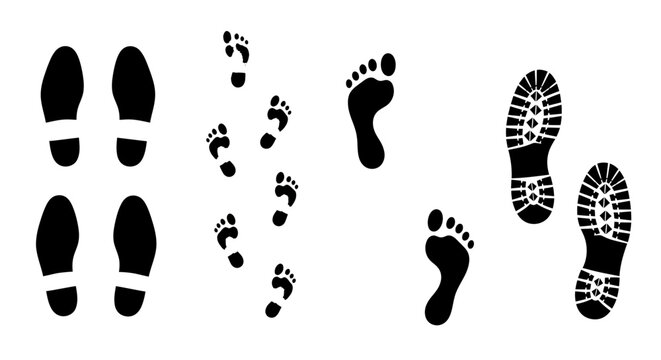 Collection of diverse human footprints and shoe sole prints in black silhouette vector style for tracking and evidence concepts