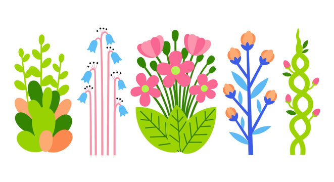 Diverse collection of stylized flora and vegetation, showcasing a variety of colors and forms in a flat, graphic illustration style, perfect for design and nature themes