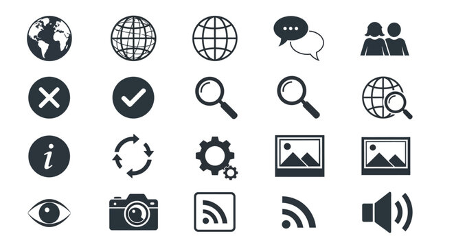 Set of website and internet communication icons including globe, search, settings, and camera symbols