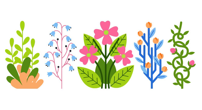 Colorful stylized botanical collection featuring assorted flowers, green leaves, and garden plants in a flat vector design style