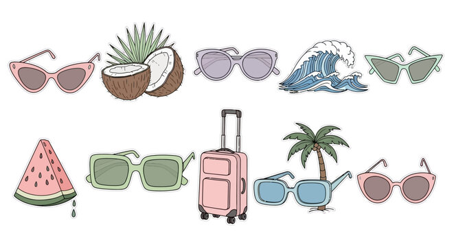 Summer vacation essentials and travel accessories, including sunglasses, suitcase, tropical fruit, and ocean waves