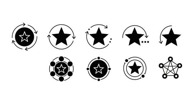 Star rotation vector icon set featuring star rating, review process, network connection, and feedback loop symbols isolated on white background