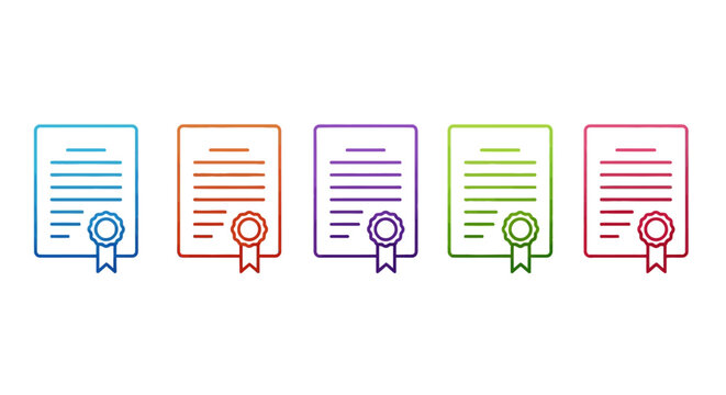 Set of colorful certificate and diploma outline icons with ribbon seal on white background