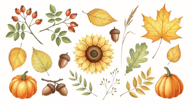 Collection of Watercolor Autumn Harvest Elements Featuring Pumpkins Sunflower and Seasonal Foliage for Seasonal Design