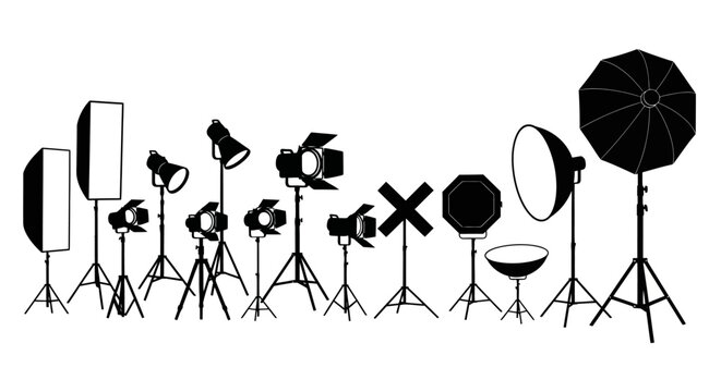 Set of Photography and Video Studio Lighting Equipment Silhouettes on Stands