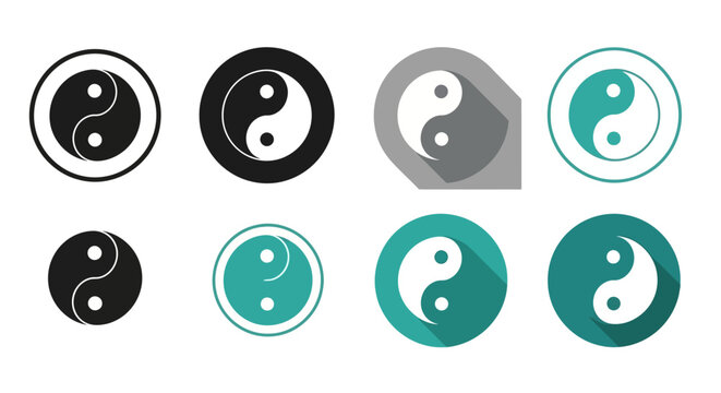Collection of diverse Yin Yang symbols in circular icons, showcasing contrast and balance in black, white, and teal color palettes with modern shadow effects