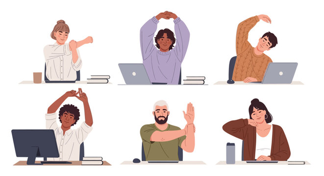 Diverse office workers doing desk stretching exercises during work break to prevent back and neck pain