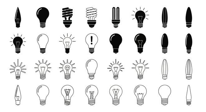 Comprehensive Collection of Light Bulb Icons in Line and Solid Styles for Idea and Energy Concepts