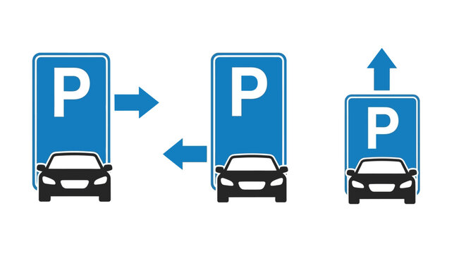 Parking signs with car icons illustrating movement and directions for vehicle parking guidance and information