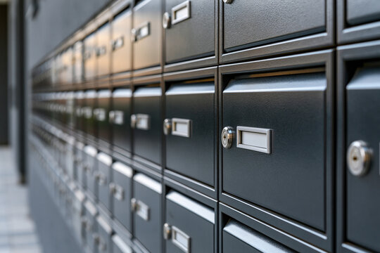 Modern Metal Mailboxes in a Residential Apartment Building Entrance