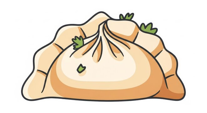 Food - Cartoon Style Steamed Dumpling Illustration with Herb Garnish on White Background