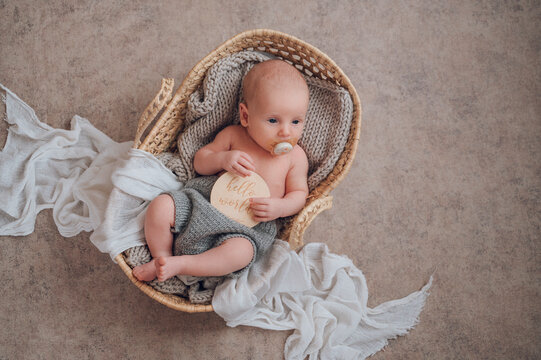 Newborn baby in wicker basket holding hello world card