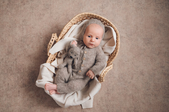 Newborn baby in basket with plush toy, cozy knit romper