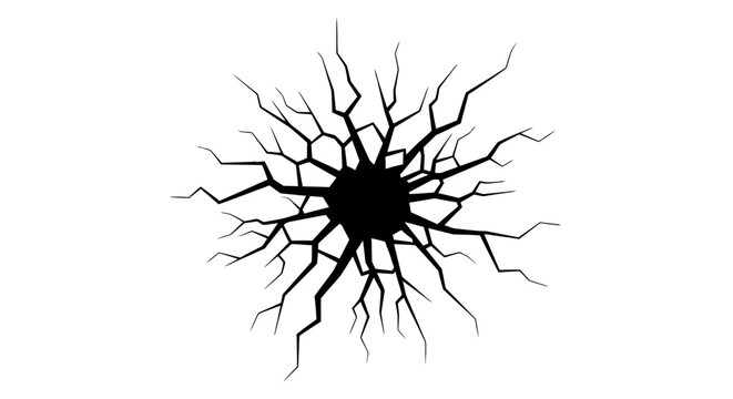 A black, abstract, starburst-like pattern of sharp, jagged lines radiating outwards from a central dark void, resembling a crack or a shattered object.
