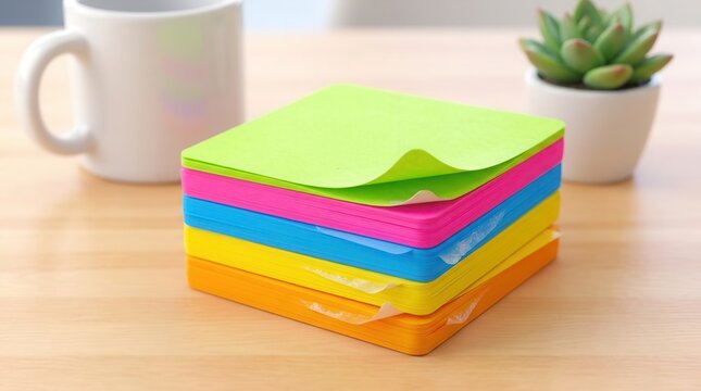 Stack of colorful sticky notes on a desk. Bright adhesive paper pads for office planning.