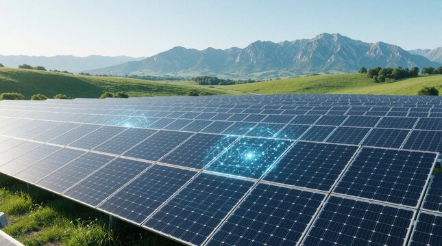Vast solar panel field generates clean electricity under blue sky. Renewable energy farm set against green hills, mountains. Futuristic digital network connects panels. Eco power station for