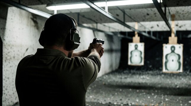Male shooter wearing protective headphones practices at indoor gun range with pistol. Tactical man aims at paper target during professional firearm training course. Military specialist performs
