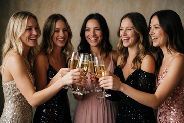 Obraz premium Five happy women clink champagne glasses in celebration. Friends laugh and toast wearing evening dresses. Sisters toast with bubbly drinks in studio.