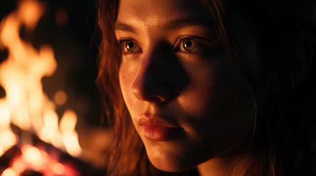 Young woman looks at campfire in dark night. Bright orange flames illuminate face with warm light. Girl enjoys peaceful moment during camping trip in wild nature. Traveler observes glowing fire