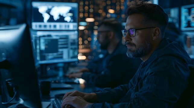 Cyber defense specialists coordinating autonomous threat detection platform protecting enterprise cloud infrastructure against sophisticated ransomware attacks, premium security visualization